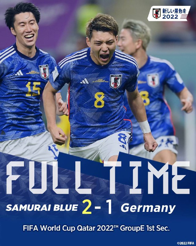 23日的卡塔尔世界杯首场E组小组赛德国队对阵日本队，先入1球的德国队遭遇逆转，最终以1比2不敌日本队
