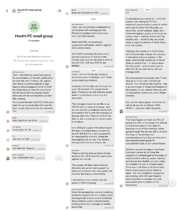 《大西洋》总编辑杰弗里·戈德堡3月26日公布群聊中的军事打击计划