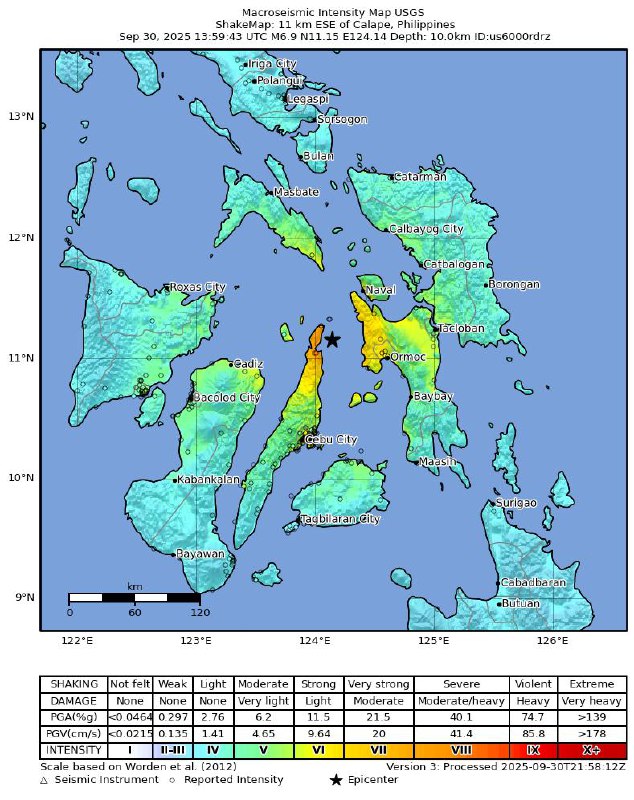 菲律宾中部宿务省附近海域30日21:59发生6.9级地震，震源深度10千米