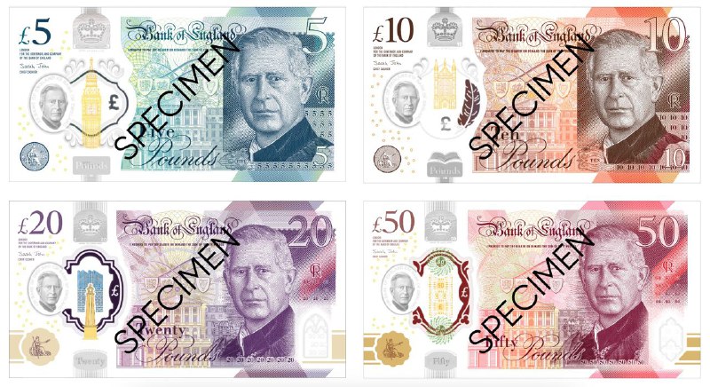 英格兰银行20日公布印有英王查尔斯三世的英镑钞票图样