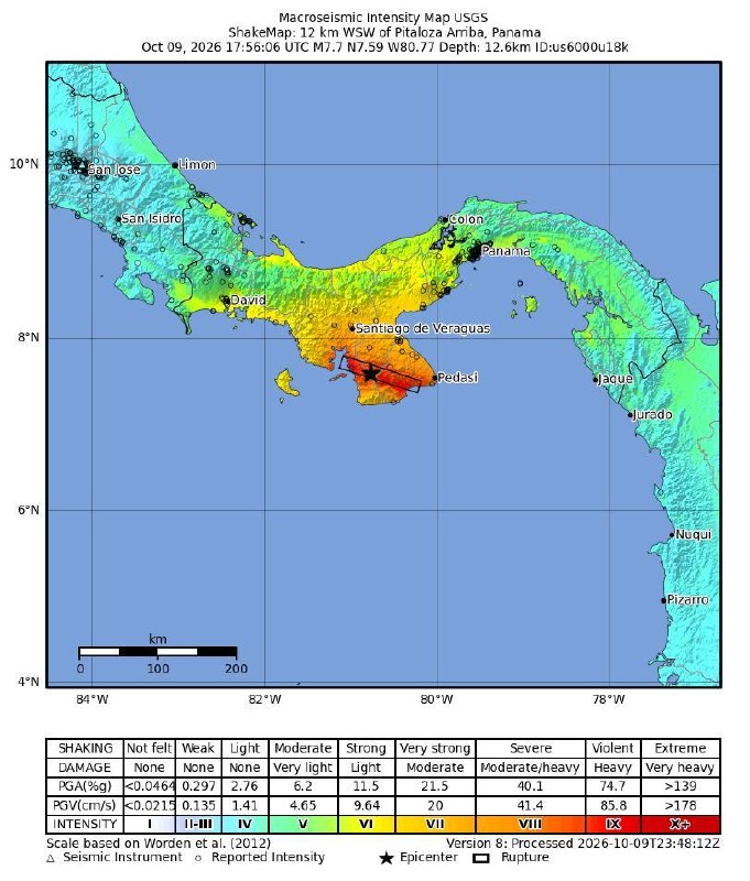 巴拿马上皮塔洛萨地区附近北京时间10日1:56:06 发生7.7级地震，震源深度12.6千米