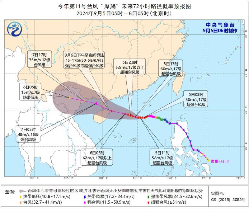 中国中央气象台9月5日6时继续发布台风红色预警，今年第11号台风“摩羯”已于4日晚加强为超强台风级，预计“摩羯”将以每小时10-15公里的速度向偏西方向移动，强度变化不大，将于6日下午至夜间在海南琼海到广东电白一带沿海以强台风级或超强台风级强度登陆，7日凌晨移入北部湾海面，尔后趋向中越交界，强度逐渐减弱