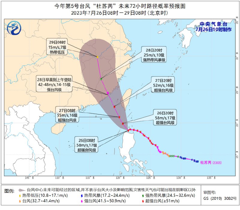受今年第5号台风“杜苏芮”影响，中国中央气象台26日10时升级发布台风红色预警