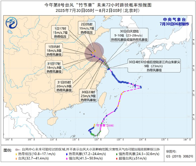 今年第8号台风“竹节草”已于30日4时30分许在浙江舟山的朱家尖岛沿海以热带风暴级强度登陆，登陆时中心附近最大风力有9级，中心最低气压为975百帕