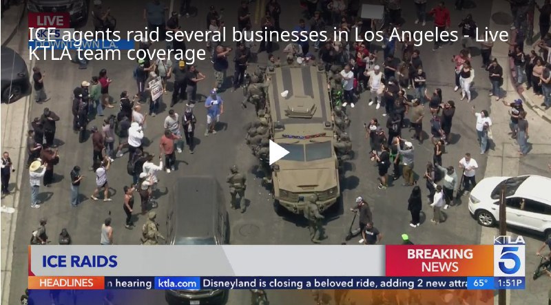 美国移民与海关执法局（ICE）6月6日在洛杉矶突袭逮捕40多人后，抗议持续升温